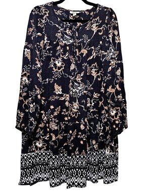 Style & Co Floral & Geometric Print Tunic Dress XL Black Tan Rayon 3/4 Sleeve